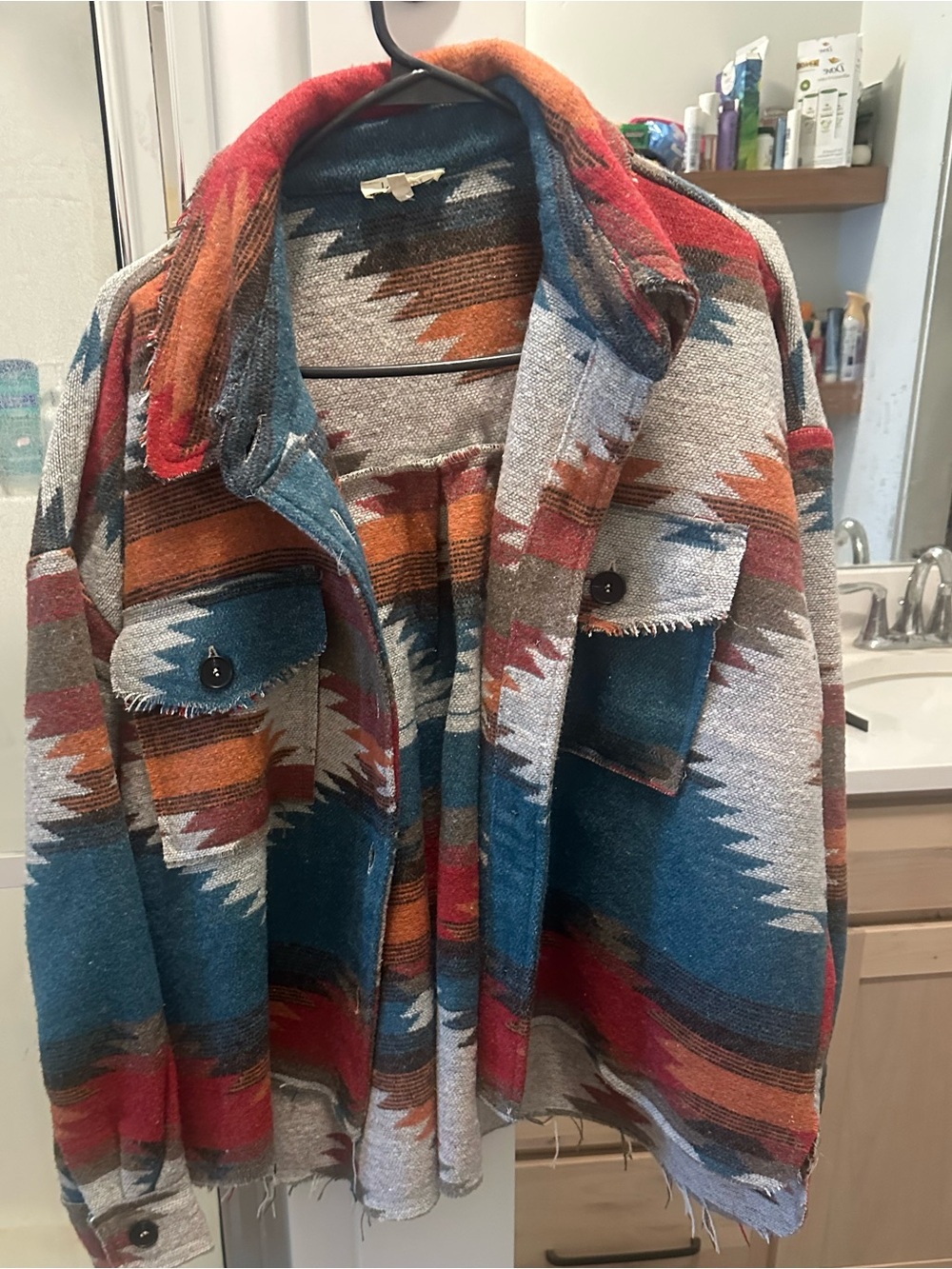 LA MIEL Southwestern Stripe Utility Jacket in Teal, Rust & Cream